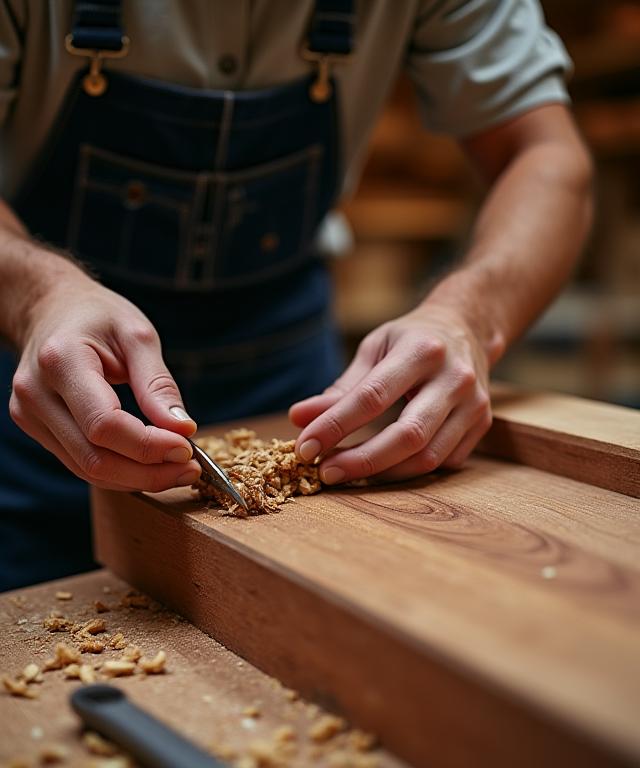 Ein Handwerker von AlpenHolz Design bei der Feinbearbeitung eines Holzmöbels in der Werkstatt.